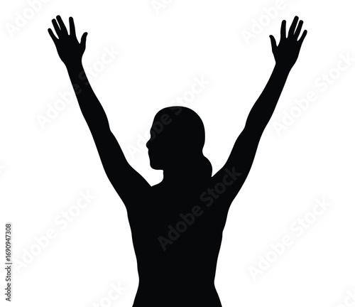 silhouette a little happy girl standing on a hill with her hands up on white background