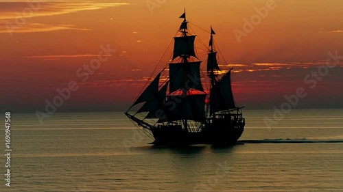 Majestic tall ship sails across the ocean at sunset, silhouetted against a fiery sky.
