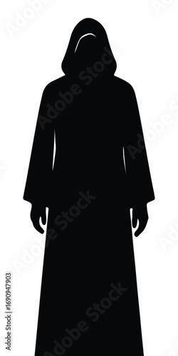 Black Silhouette of a Cloaked Figure with Hood on white background