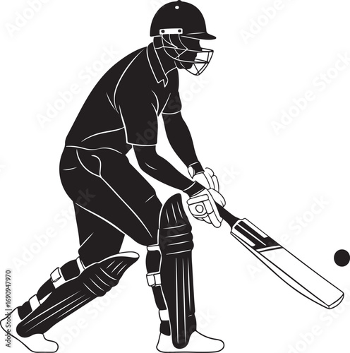 Cricket batsman in action silhouette with bat and ball on white background batter sport