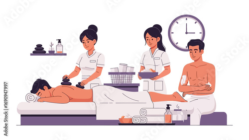 Two female therapists perform hot stone massage and acupuncture on a patient lying on a massage table in a wellness spa