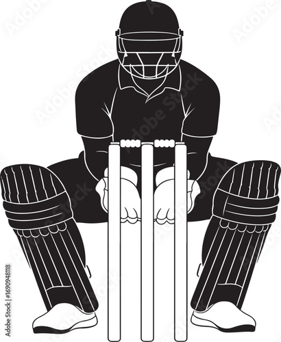 Cricket Wicket Keeper Silhouette Ready to Catch Ball Keywords: cricket, wicket keeper, silhouette