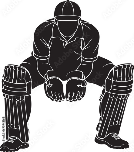 Cricket wicketkeeper in crouched stance silhouette on white background player sport