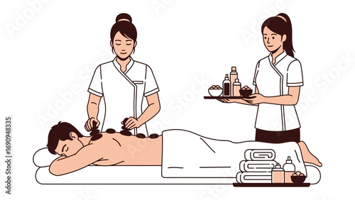 Two female spa therapists providing a hot stone massage treatment to a relaxed woman lying on a massage table with oils and towels