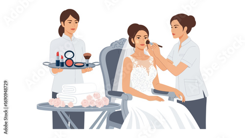 Bride receiving professional makeup application from a beauty artist while another assistant holds a tray of cosmetics and a drink