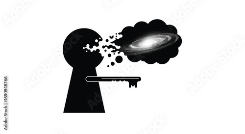 Key unlocks a universe of ideas, imagination blooming from darkness into cosmic wonder.