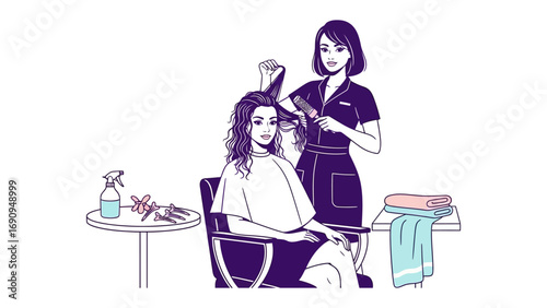 Stylist carefully cutting and styling a client s long dark hair in a salon with tools and accessories on a table