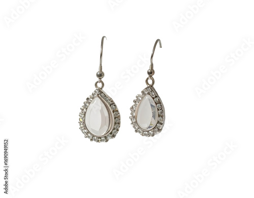 Pair of pear-shaped crystal dangle earrings with a beaded border