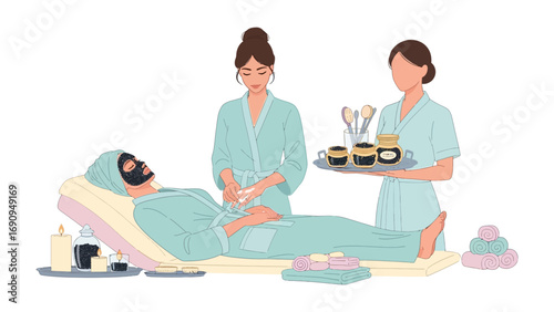 Woman receiving a facial treatment in a spa with two aestheticians attending to her with beauty products and tools