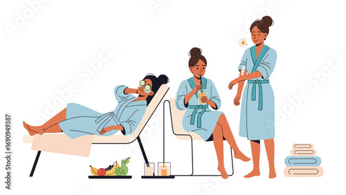 Three diverse women in light blue spa robes enjoying a relaxing spa day with facial masks and refreshing drinks