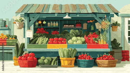  colorful outdoor market stall filled with fresh vegetables and fruits displayed in baskets ideal for lifestyle and food marketing.
