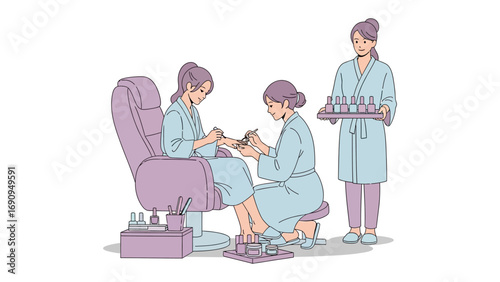 Two women receiving manicures and pedicures in a spa setting with a technician holding a tray of supplies