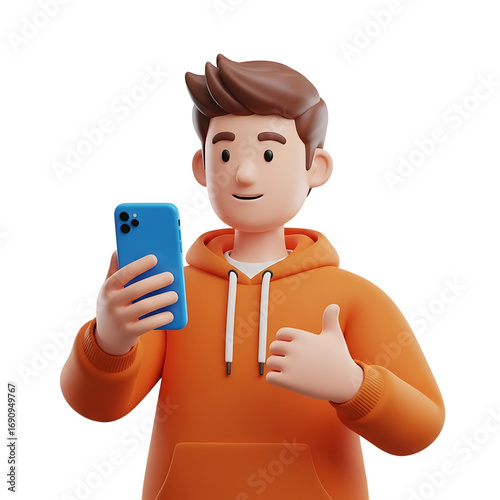 Man holding phone and giving thumbs up isolated on transparent background