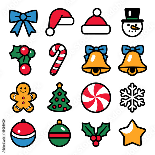 Vector art of a colorful set of christmas icons featuring a blue bow, santa hats, holly, candy canes, bells, a snowman, a gingerbread man, a tree, a peppermint swirl, snowflakes, and ornaments