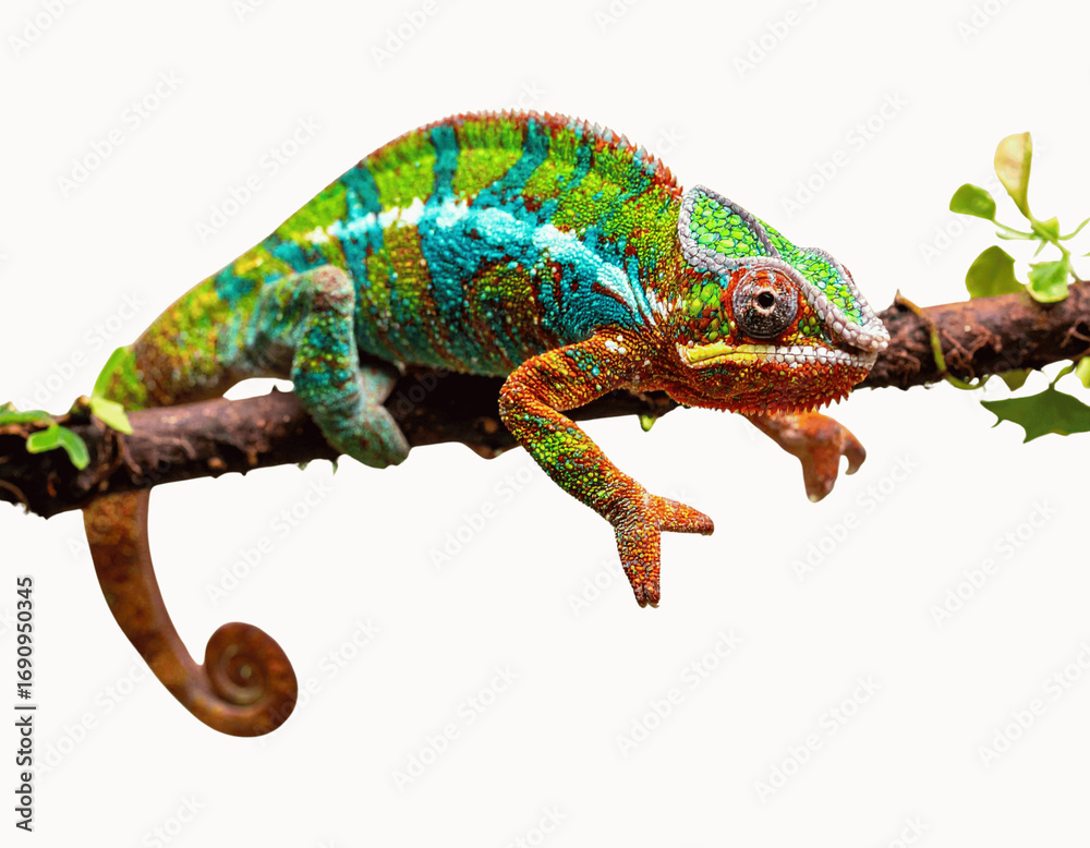 Obraz premium Playful Chameleon Leaping Between Vines, Dynamic Action Pose, Isolated