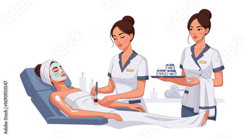 Two professional beauticians performing a facial treatment on a relaxed woman lying on a spa bed with a face mask