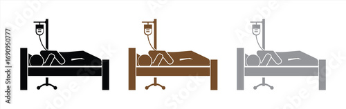Hospital Patient Icon Set – Vector Illustration of Sick Person Lying in Bed with IV Drip, Medical Care Symbol for Healthcare, Emergency, and Treatment