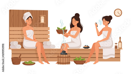Three diverse women in towels relaxing in a cozy wooden sauna enjoying a spa day with aromatherapy and wellness treatments
