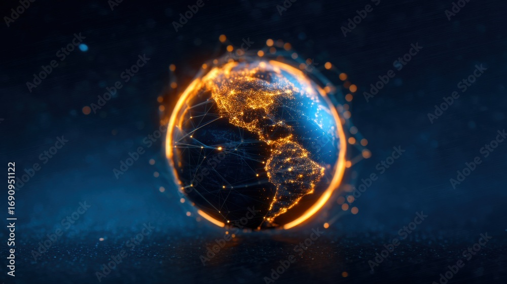 Obraz premium A glowing, digital globe representing interconnectedness, with Earth's continents illuminated, set against a dark backdrop, symbolizing technology and global connectivity.