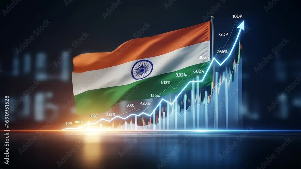 An Indian flag with a rising GDP graph representing economic growth.