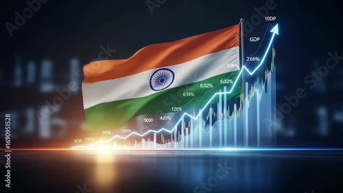 An Indian flag with a rising GDP graph representing economic growth.