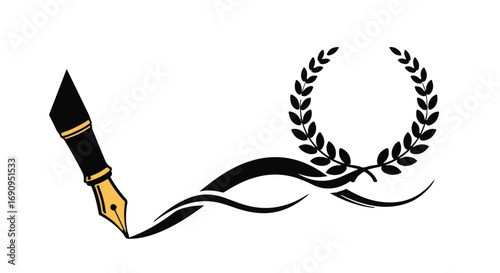 Elegant fountain pen draws a laurel wreath, symbolizing achievement and creativity