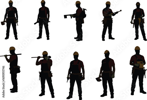 Silhouette collection of construction workers wearing safety helmets and holding different tools in various poses for building, repair, maintenance, and engineering projects