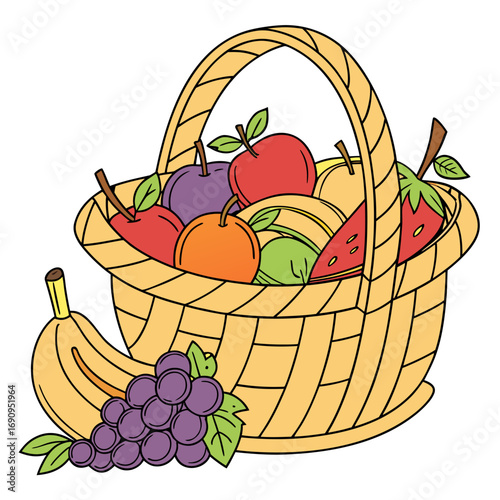 Abundant fruit basket overflowing with a colorful assortment of fresh produce