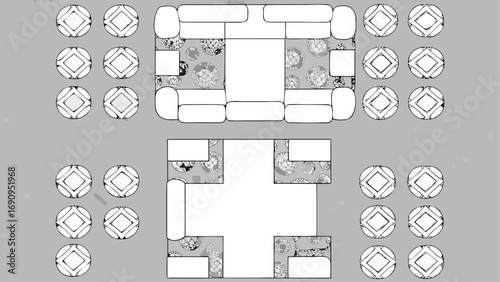 Overhead view of a living room layout featuring sofas chairs and patterned rugs in a symmetrical design