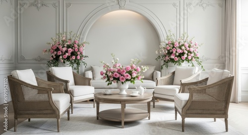 Elegant Living Room With Floral Arrangements And Wicker Chairs