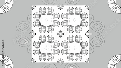 Repeating pattern of circles with internal designs and squares in a symmetrical arrangement on gray background