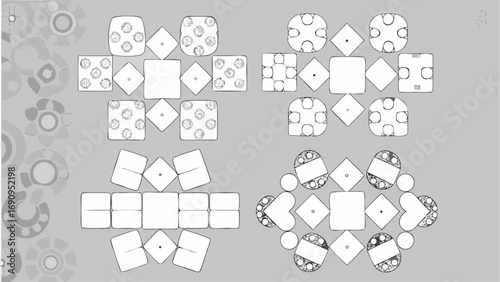 Geometric arrangement featuring squares diamonds and circles with varying patterns and orientations on gray backdrop