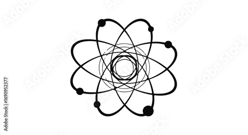 Abstract atomic structure illustration with orbiting electrons on a white background.