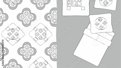 A grayscale image showing a pattern of floral shapes and square designs along with a bed and pillow set