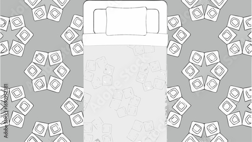 Top view of a bed with white sheets and pillows against a patterned background with geometric shapes design