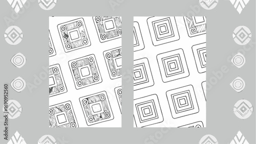 Two distinct patterns of square designs with decorative elements on a gray background and white pages