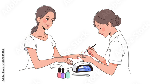 Aesthetician meticulously applying nail polish to a client s fingernails at a salon table with manicure tools and bottles
