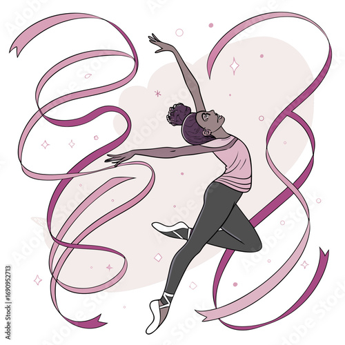 A rhythmic gymnast performs with a flowing pink ribbon, showcasing grace and flexibility