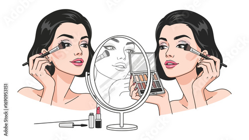 A woman applying eye makeup in a mirror reflecting her focused expression and beauty routine