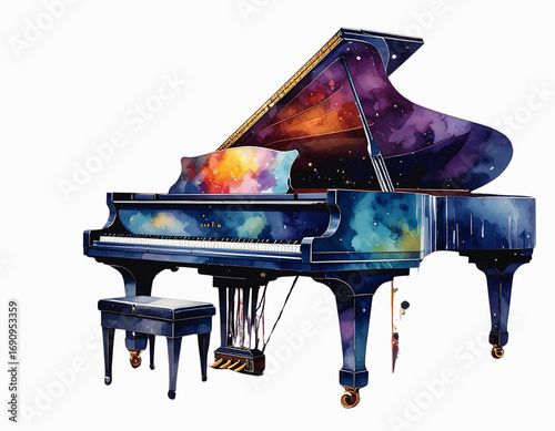 Minimalist Watercolor Upright Piano with Abstract Splashes, Transparent PNG