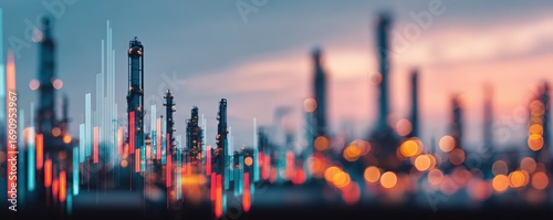 Blurred industrial landscape overlaid with financial data