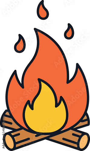 Vibrant cartoon campfire icon with burning logs and hot flames, symbolizing warmth, outdoor adventure, and camping lifestyle