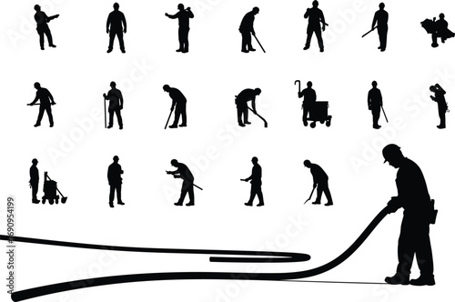 Silhouette of construction workers with hose and pipe tools, plumbing repair men, utility installation, electrician, building site labor, maintenance and industrial work illustration