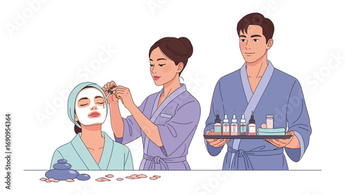 Young woman receiving facial treatment with mask and serum from aesthetician while man holds tray of skincare products