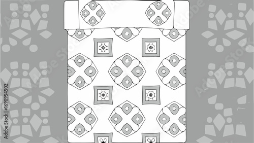 Overhead view of a bed with patterned bedding and decorative elements on a gray patterned background
