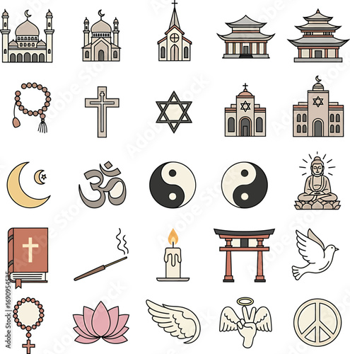 A diverse collection of world religion icons, showcasing spiritual symbols and sacred buildings from various faiths and cultures