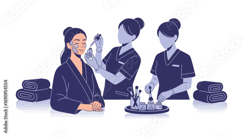 Young woman receiving facial treatment from esthetician with beauty products and towels in a spa setting