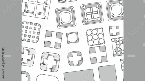 Pattern of various square shaped designs with different geometric shapes inside and border variations