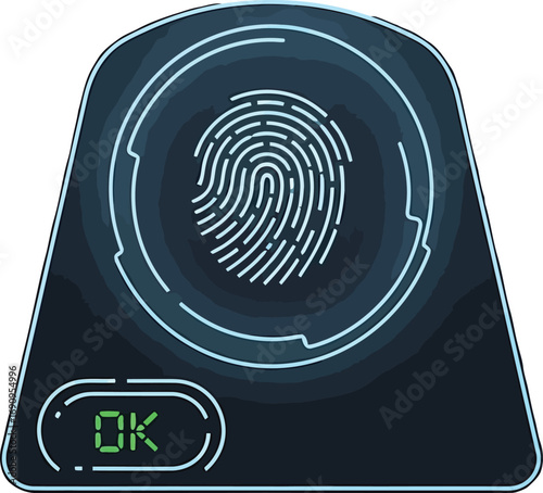 Modern biometric authentication device with a glowing fingerprint icon and approved status, representing secure digital access