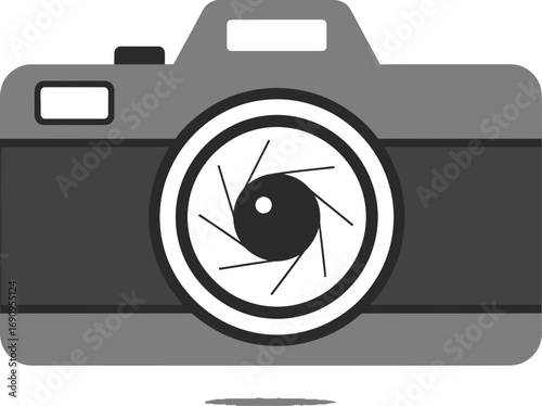 A simple vector graphic illustration of a monochrome digital camera, featuring a stylized lens and aperture, isolated on a white background